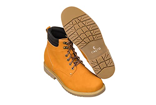 Image of CALTO Men's Invisible Height Increasing Elevator Shoes - Nubuck Brown Leather Lace-up Round-Toe Work Boots - 3.2 Inches Taller - K8821 - Size 6.5 D(M) US