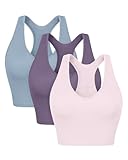 ODODOS 3-Pack Seamless Racerback Crop Tank for Women Ribbed Knit Soft Crop Tops, Pink Lace+Violet+Iceberg, Medium/Large