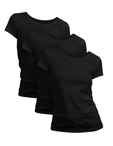 Basic Treasure 3er Pack Tshirt Damen Schwarz, Kurzärmliges Shirt, 100% Baumwolle T Shirt (Schwarz, M)