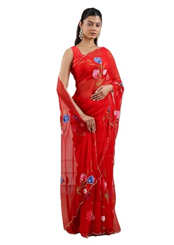 Image of Arkia Women's Hand Painted and Hand Cut dana Work Saree, Red Floral Embroidered Traditional Indian Saree