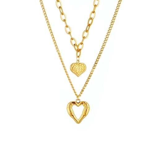 Collier en acier inoxydable petits plis irréguliers et 2 cœurs d'amour tendance