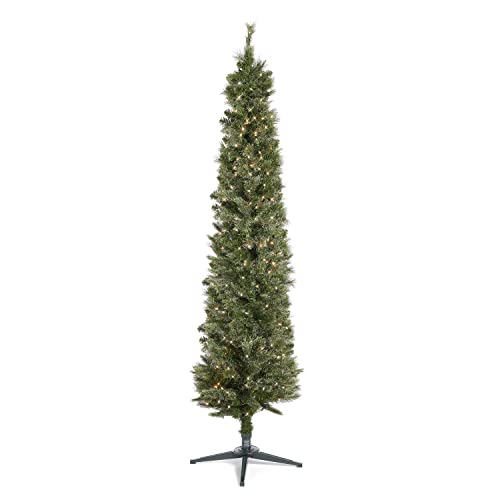 Home Heritage Stanley 7 Foot Pencil Pine Artificial Christmas Tree Prelit with 350 White Incandescent Lights, 335 PVC Foliage Tips, Metal Stand, Green Home Heritage Stanley 7 Foot Pencil Pine Artificial Christmas Tree Prelit with 350 White Incandescent Lights, 335 PVC Foliage Tips, Metal Stand, Green