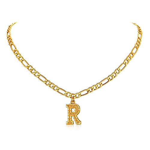 FOCALOOK Initial Necklaces for Women Gold Plated R Pendant 18 Inch Figaro Chain Mens Necklace (R)