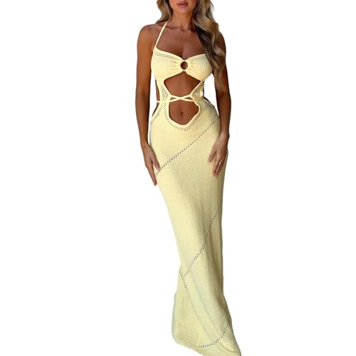 Sastianaen Women Crochet Knit Maxi Dress Y2k Halter Neck Cut Out