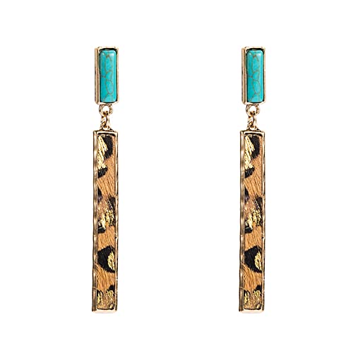 Rectangle Turquoise Dangle Earrings for Women Hypoallergenic Gold Tone Long Charms Birthstone Leopard Print Faux Leather Drop Dangling Stud Retro Lightweight Birthday Holiday Party Jewelry Gifts