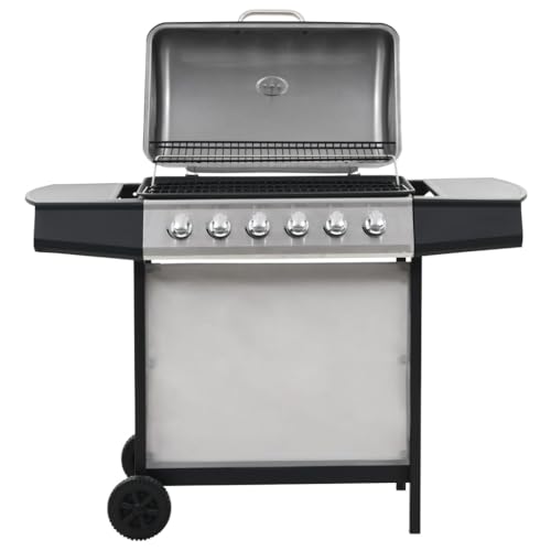Runheo Barbacoa de gas de acero inoxidable con 6 llamas de 12 kW de potencia y termómetro plateado, 63,5 x 37,5 cm, superficie de barbacoa, ruedas resistentes, estantes para terraza, jardín, barbacoa