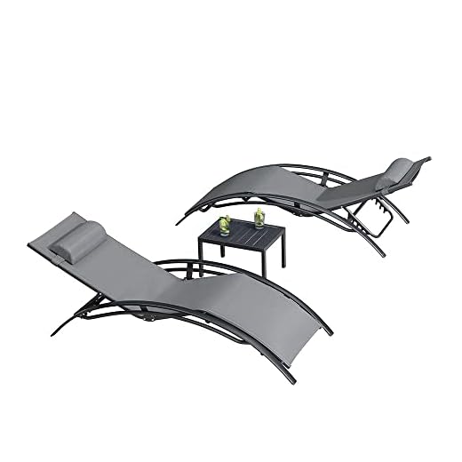 PURPLE LEAF 3-er Set Sonnenliege Aluminium Gartenliege mit Beistelltisch und Kopfkissen, Liegestuhl Garten 4-Fach Verstellbar, Bäderliege, Stapelbar, Bis 150 kg, Grau