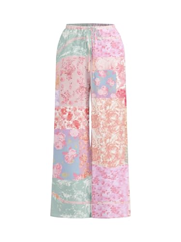 Women's Floral Bobo Pants Color Block Drawstring Waist Wide Leg Pants Holiday Vacation Trousers