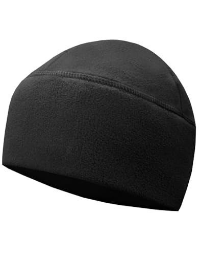 Winter Fleece Beanie Wide Double-Layer Brim Warm Skull Cap Windproof Lightweigh Sleep Hat for Men Women (Black)