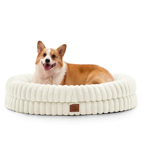 ChiXnuggle Dog Bed Large Sized Dog - Luxury Striped Faux Fur Waterproof Pet Couch with Removable Washable Cover, Orthopedic Pet Bed with Bolster Sides for Sleeping, Cream