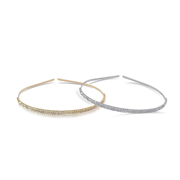 Metal Stone Studded Fashionable Hair Accessory/Hairband/Head band For girls and Women(pack of 2) Golden & Silver (Single line)-image-35
