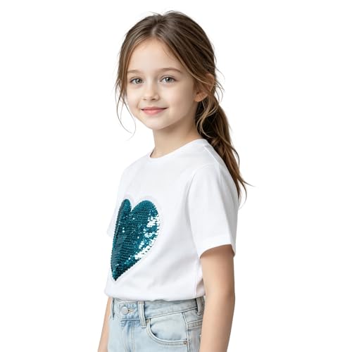 Image of LittleSpring Girls Short Sleeve Tshirt Heart Shaped Sequin Tees