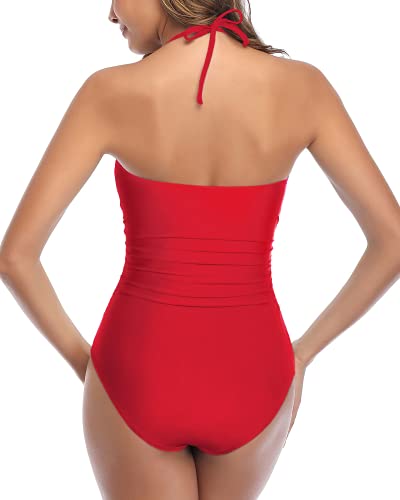 Image of Tempt Me Women Sexy Cutout One Piece Swimsuits Tummy Control High Waisted Halter Front Tie Knot Bathing Suit