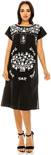 unik Embroidered Traditional Mexican Midi Dress White Flowers (Black, M)