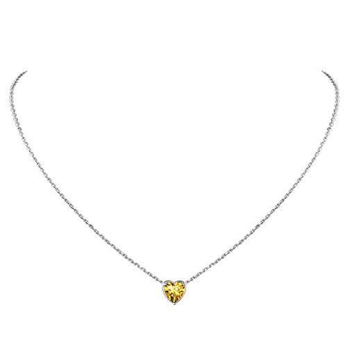 November Birthstone Necklaces for Women, Valentines Day Gifts for Her Birth Stone Jewellry 925 Sterling Silver Dainty Tiny Crystal Citrine Heart Necklace
