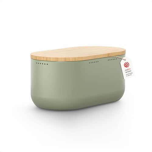Image of LARS NYSOM Bread Box I Metal bread box for long lasting freshness with non-slip pads I Baked goods Bin with bamboo lid usable as cutting board I 13.6x7.3x6.2in (Sage Green)