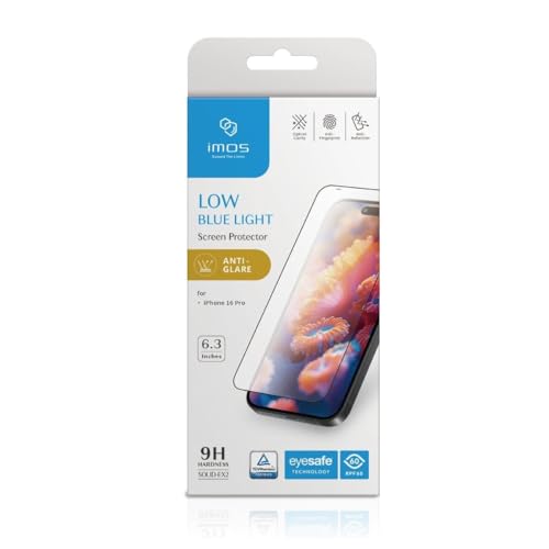 imos iPhone 16 Pro用 画面保護フィルム、2.5Dブルーライトカットマット画面保護フィルム強化ガラス、耐久性と落下に強い、気泡なし、簡単取り付け