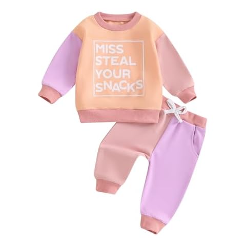 Baby Girl Fall Clothes Set Long Sleeve Letter Print Sweatshirt Pants Toddler Infant Outfits 6 12 18 24 Months 2T 3T (Color Block Pink, 2-3T) Cover