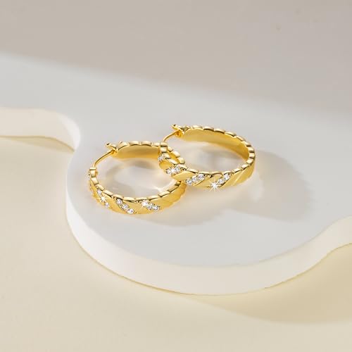 Cossa Gold Hoop Earrings for Women 14K Gold Earrings for Women Trendy Woven Braided Texture and Unique Design Womens Hoop Earring Cubic Zirconia Dainty CZ Earring3
