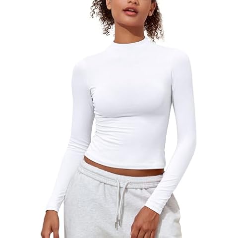 PrettyGuide Women's White Long Sleeve Cotton Shirt Mock Neck Basic Tees Tight Slim Fit Cute Going Out Crop Tops Fall Fashion M Cover