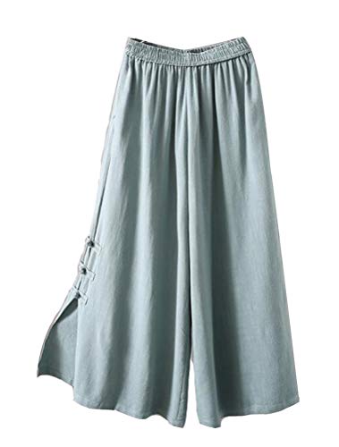 Minibee Women's Linen Cropped Pants Side Slit Wide Leg Trousers with Pockets Light Green