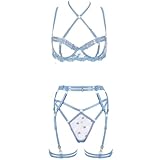 YANZIYAN Women's Strappy 4-Piece Lingerie Set Punk Body Harness Garter Belts Gothic Festival Wear Rave bras (Light Blue, Medium)