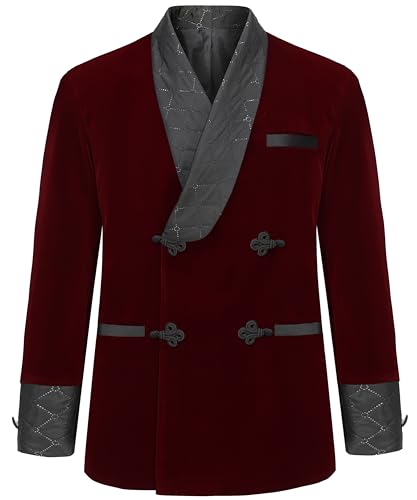 Apornipal Mens Short Velvet Smoking Jacket Double Breasted Blazer with Quilted Shawl Collar for Wedding Party Dating (Wine Red 38R)