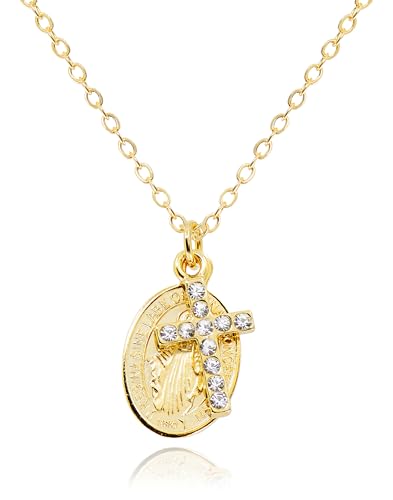 Cross and Miraculous Medal Necklace • Virgin Mary Coin Pendant Catholic Necklace for Women Kids • 14K Gold Plated Non Tarnish Dainty Religious Jewelry [CXN-MC]