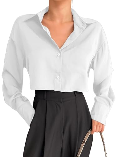 Image of Aahwan Women Polyester Regular Fit White Solid Button Up Drop Shoulder Casual Crop Long Sleeve Shirt