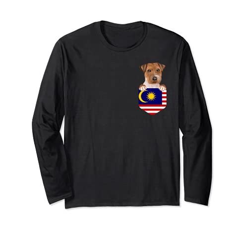 Malaysia Flag Russell Terrier Dog In Pocket Long Sleeve T-Shirt, Black