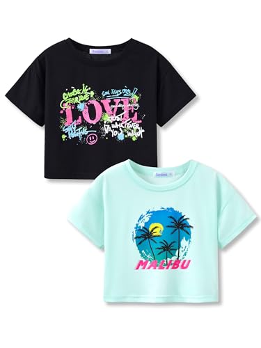 Image of Stylish Graffiti /Butterfly Graphic Crop Top for Girls -Cool Summer T-Shirt Soft Colorful 2-Pack Tees Size 6-18
