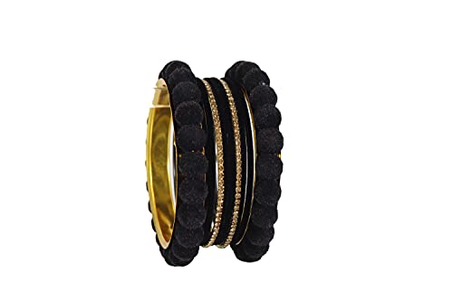 Image of NMII Stylish Metal with Golden Zircon Stone & Velvet Balls Bangles Set For Women and Girls | Fancy Designer Bangles | Short Velvet Chuda Set | Women's Fashion Jewellery