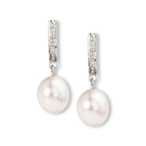 Image of Ross-Simons 8-9mm Cultured Pearl Dangle Earrings With Diamond Accents in Sterling Silver