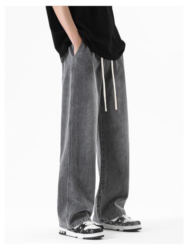 Jeans Pants Trousers Denim Spring Summer Men's Drawstring Style Hong Kong Loose Straight Versatile Retro Washed Floor Length4