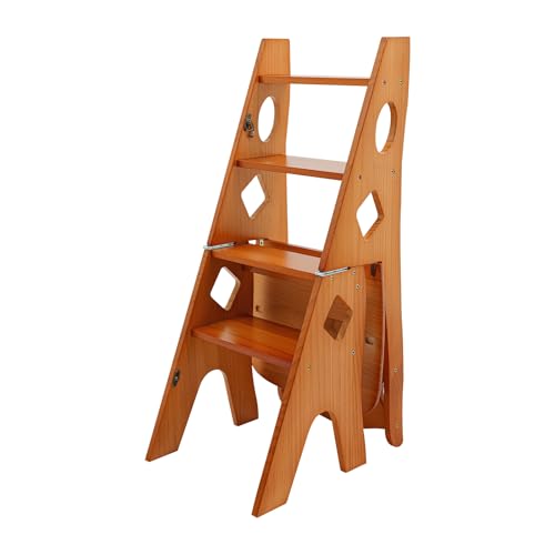Escalera de 4 peldaños, plegable, 2 en 1, escalera y silla, plegable, de madera, hasta 100 kg, adecuada para cocina, hogar, bibliotecas (caramelo)