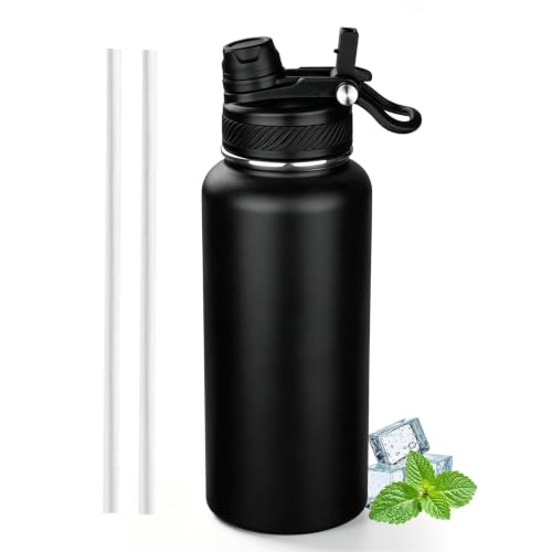 Image of 32 oz Insulated Water Bottle with Leak-proof 2-in-1 Straw and Spout Lid,Stainless Steel Sports Water Bottle with Handle,Double Wall Vacuum Metal Water Flask for Travel Camping School (Black,1)