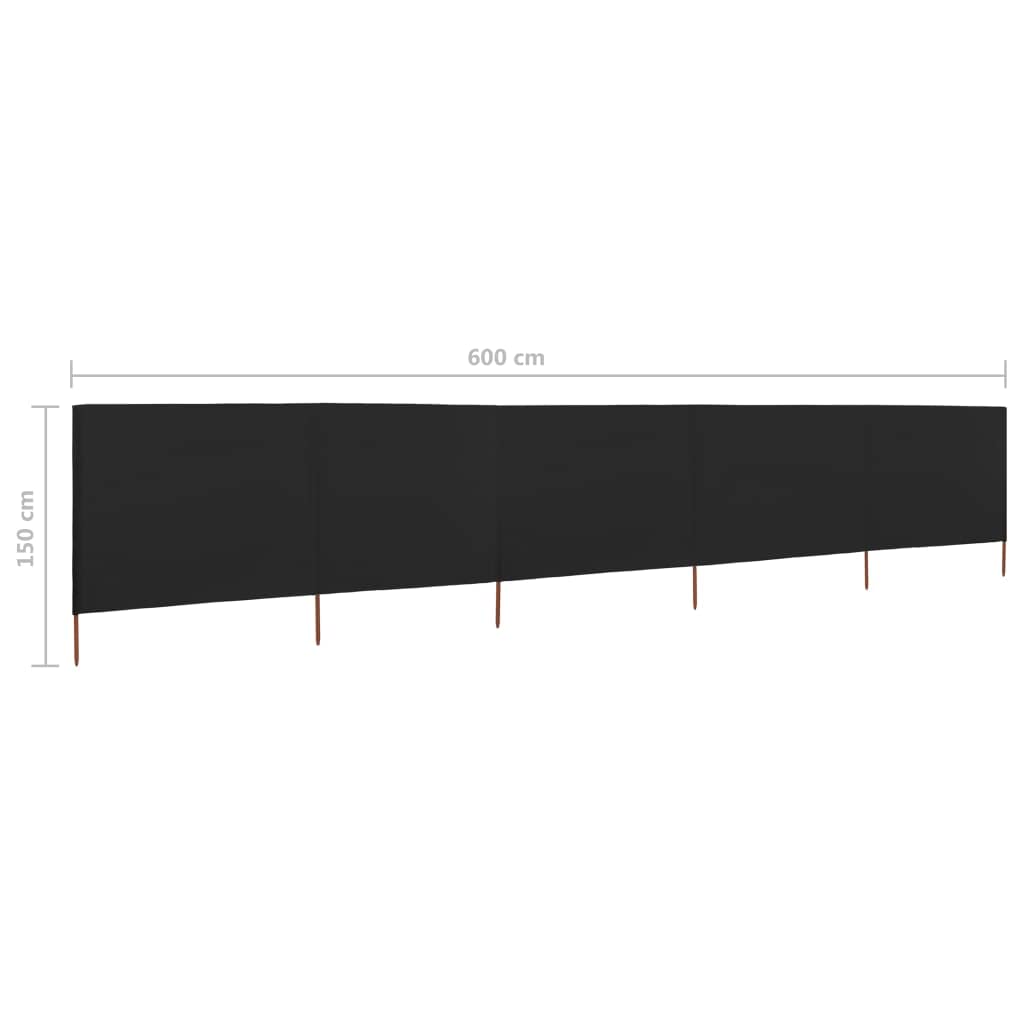 Brise-Vent Extérieur 5 Panneaux, Tissu Non Tissé Résistant et Piquets en Bois, Brise Vue Camping et Brise Vent de Plage, Protection Contre Le Vent et Intimité, Noir, Dimensions 600 x 120 cm