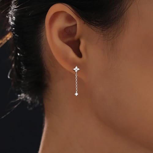 XAYAH 925 Sterling Silver CZ Lucky Leaf Flower Chain Earrings for Women Dainty Dangle Drop Pendant Earrings Hoop to Daughter Mom 14K Gold Plated Threader Bride Jewelry Halloween Wedding Season Gift4