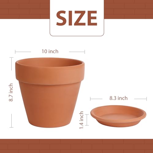 INGOFIN Terracotta Pot with Saucer - 10 Inch Ceramic Clay Pot for Plants with Drainage Hole, Terra Cotta Pot with Tray for Indoor Outdoor Plants - Thumbnail 2