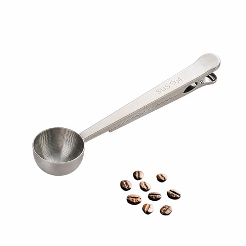 Stainless Steel Coffee Scoop&Seal Clip,2-in-1 Measuring Spoon for Ground Coffee,Tea, Sugar,Airtight Kitchen Storage,Dishwasher Safe,6.69-inch Length,Serrated Sealing Clip
