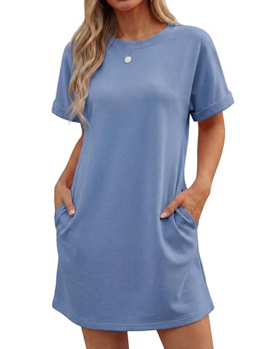 GRECERELLE Womens Summer Mini Dress Cap Sleeve Crew Neck T Shirt Short Casual Beach A Line Dresses with Pockets (Denim Blue, XL)
