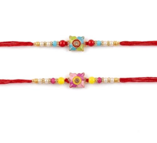 Image of Floral Rakhi Set with Pearl and Crystal Beads, Pack of 2 For Bhaiya