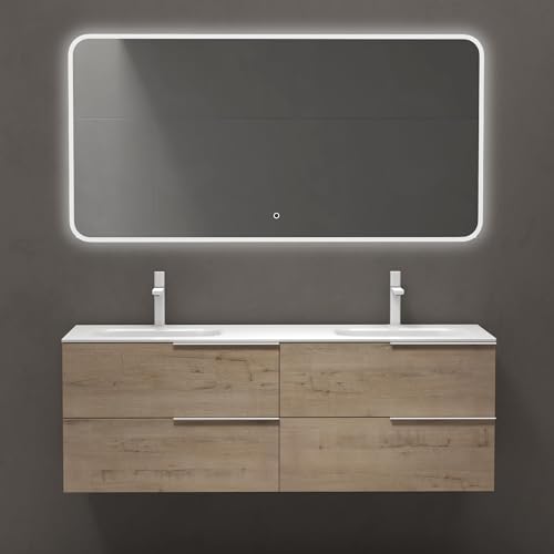 doporro Mobile Bagno Sospeso 144x48x52cm, Mobiletto per Bagno con Lavabo Doppio e Specchio LED, Rovere chiaro, Seria Vanessa