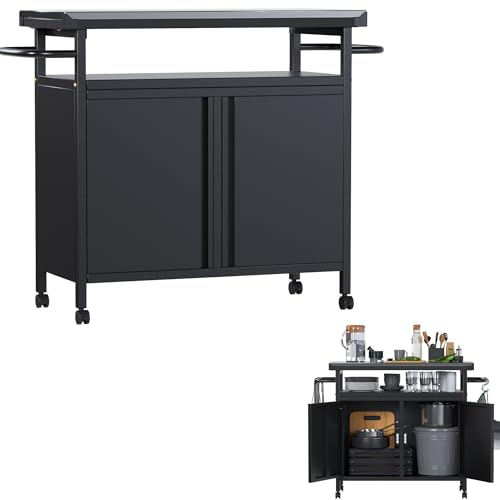 Professional Outdoor BBQ Grill Cart 2 Doors Multifunctional Prep Station Movable Flat Stainless Steel Table Top Worktable for Grilling, Cooking with Storage on Wheels