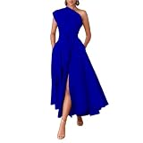 Kwunbwa One Shoulder Dresses for Women Elegant Asymmetrical A Line Flowy Formal Evening Gowns Party Cocktail Dress Blue
