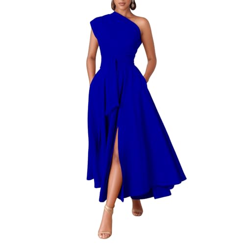 Kwunbwa One Shoulder Dresses for Women Elegant Asymmetrical A Line Flowy Formal Evening Gowns Party Cocktail Dress Blue