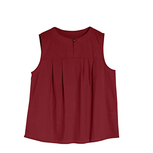 Girls Tank Tops Cotton Linen Blend Casual Sleeveless T Shirts Crewneck Vest Front Button Cami Tee Blouse Kids 5-14 Red #TOP3