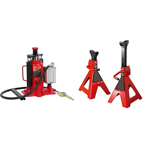 Big Red 20 Ton (40,000 Lbs) Pneumatic Air Bottle Jack And 2 Pack 12 Ton (24,000 Lbs) Jack Stands, Red, Ta92006 And T41202 #TOP20