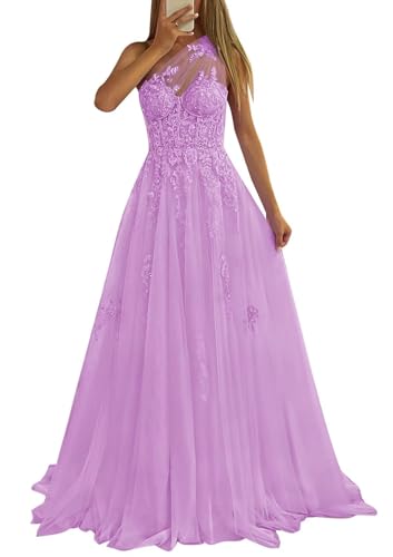 Robe de soirée lilas en tulle asymétrique taille 38 avec corset à appliqués