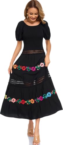 Image of Women's Summer Maxi Dress Casual Floral Embroidered Round Neck Short Sleeve Ruffle Tiered Dress Flowy Boho Beach Sundress